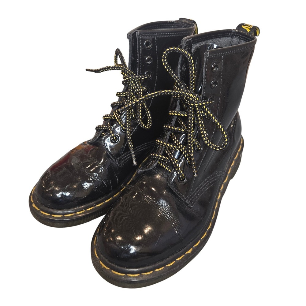 Dr. Martens Doc Women's Black Combat Boots Patent Leather Airwair Lace Up Size 6